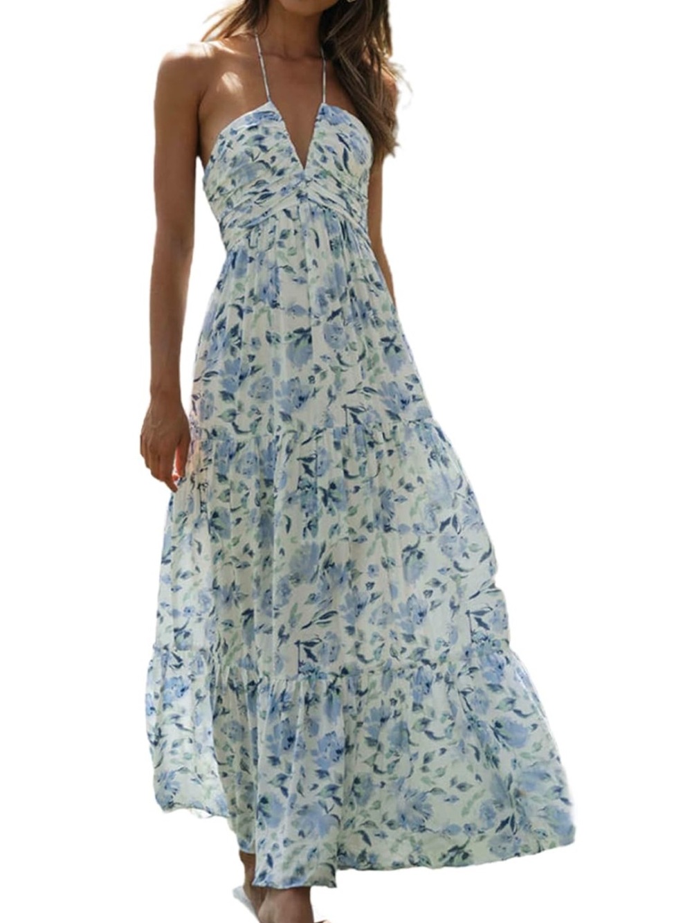 Women's Small Blue Floral Summer Halter Maxi Dress